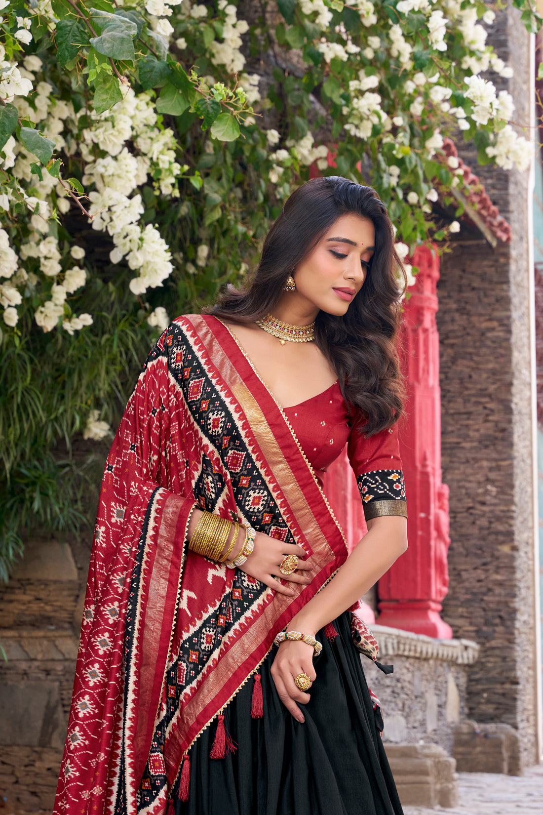 red & dark green  ikkat  elephant chaarm choli