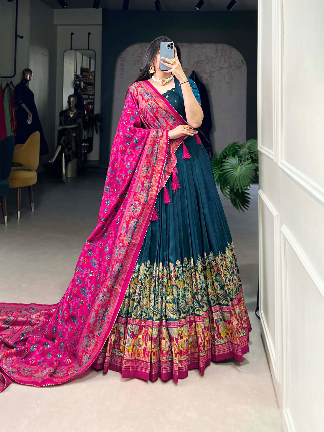 Exquisite Floral Fantasy: Tusser Silk Lehenga Choli with Intricate Print and Dupatta