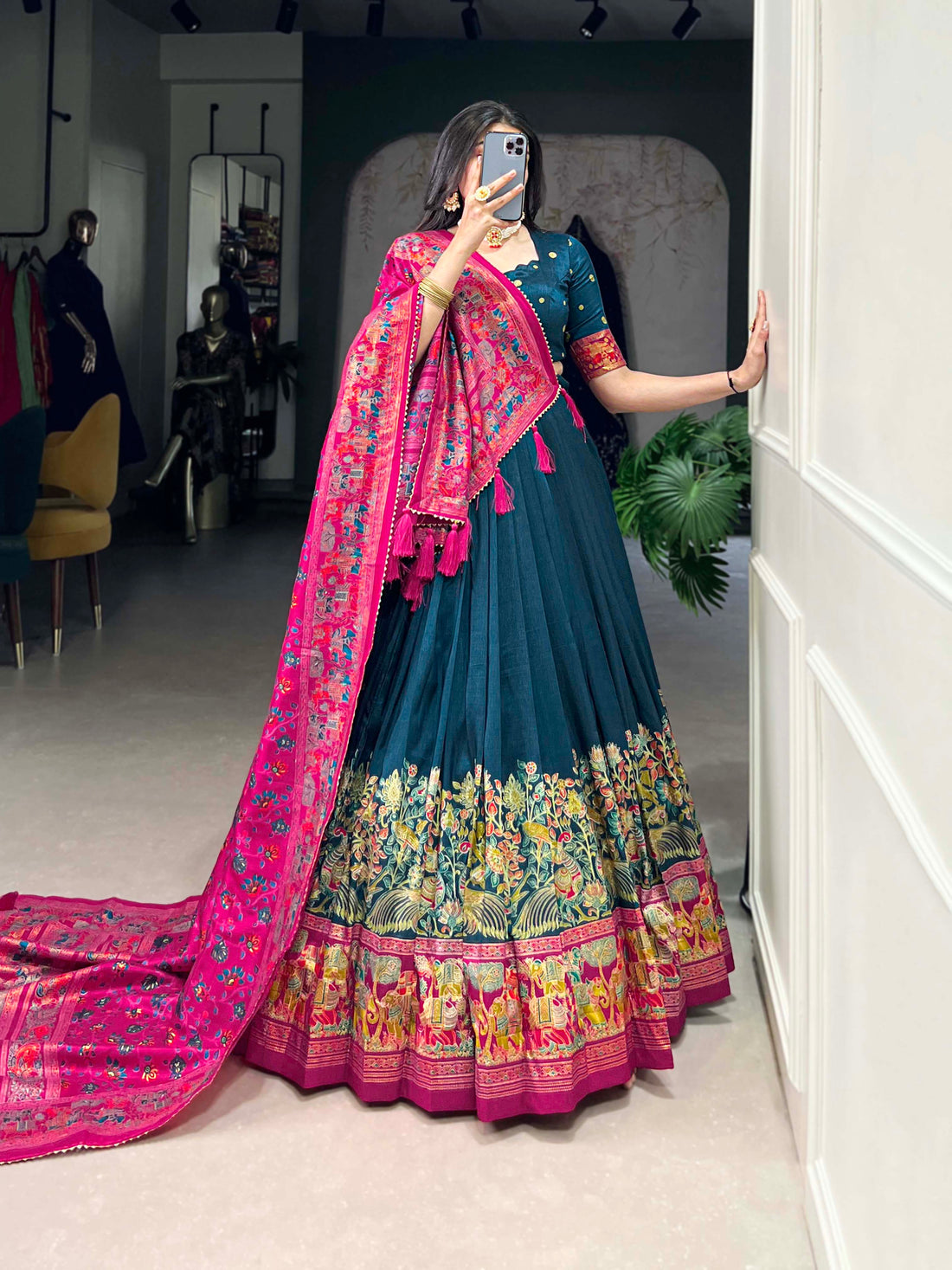 Exquisite Floral Fantasy: Tusser Silk Lehenga Choli with Intricate Print and Dupatta