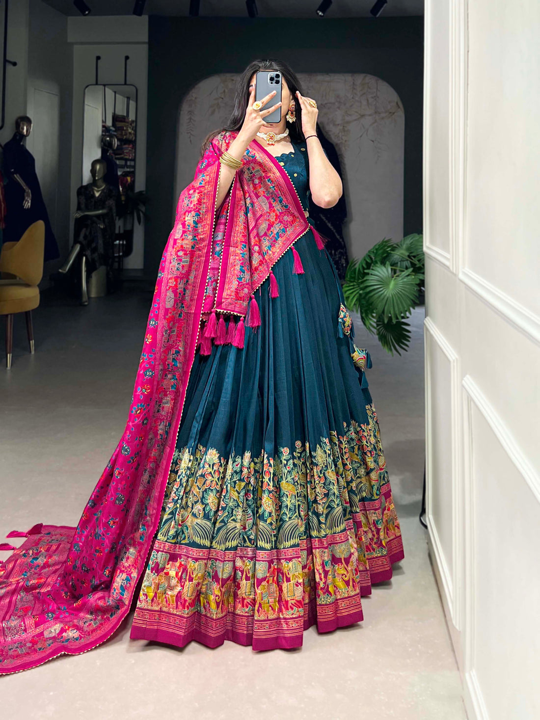Exquisite Floral Fantasy: Tusser Silk Lehenga Choli with Intricate Print and Dupatta