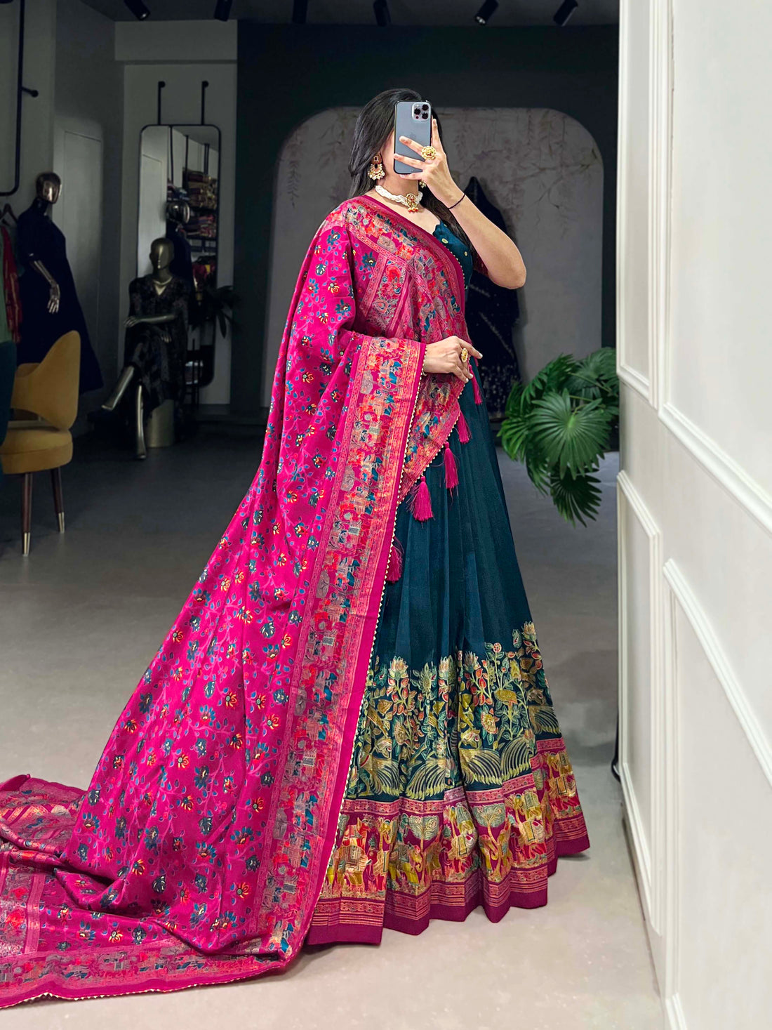 Exquisite Floral Fantasy: Tusser Silk Lehenga Choli with Intricate Print and Dupatta