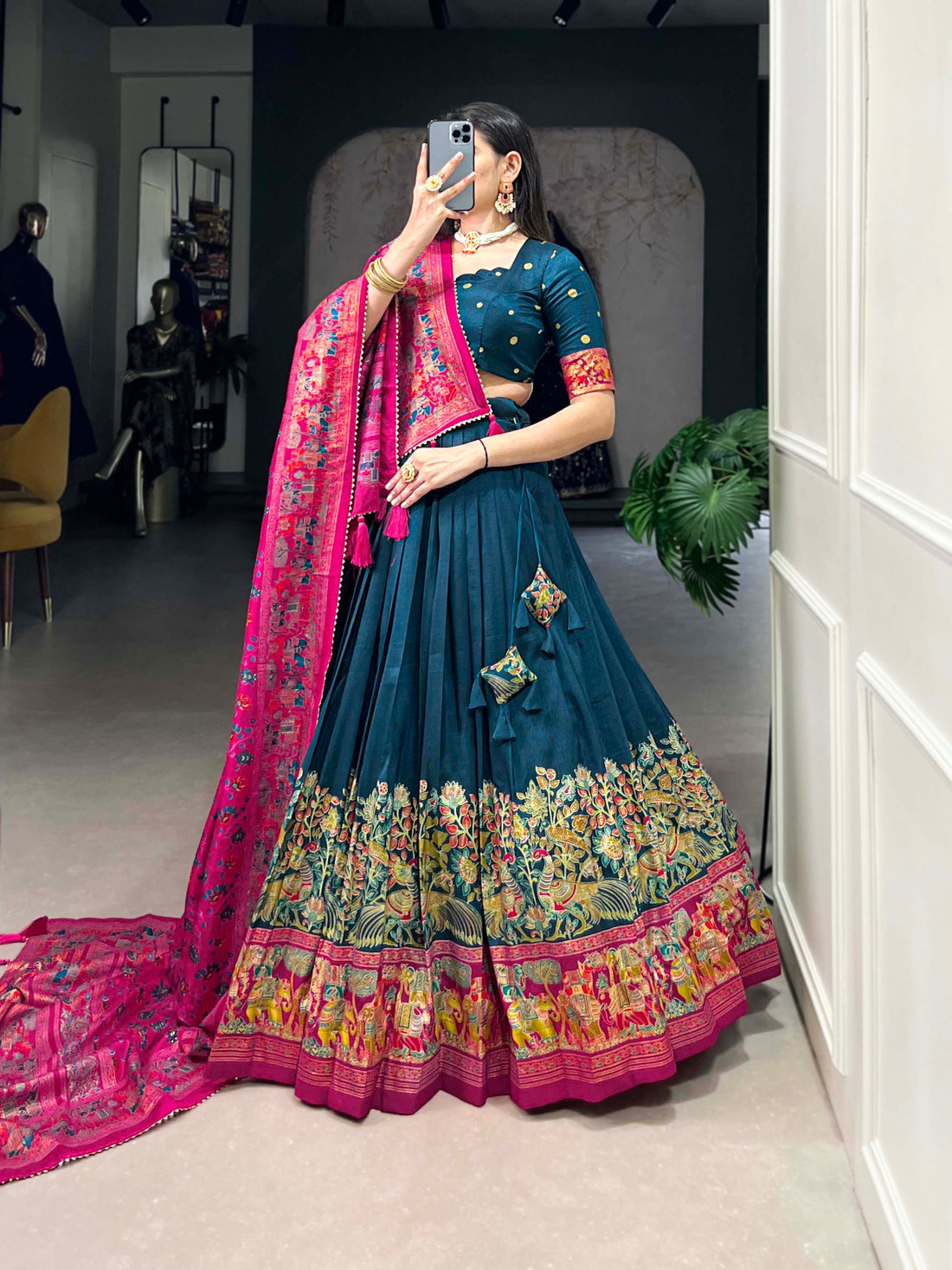 Exquisite Floral Fantasy: Tusser Silk Lehenga Choli with Intricate Print and Dupatta