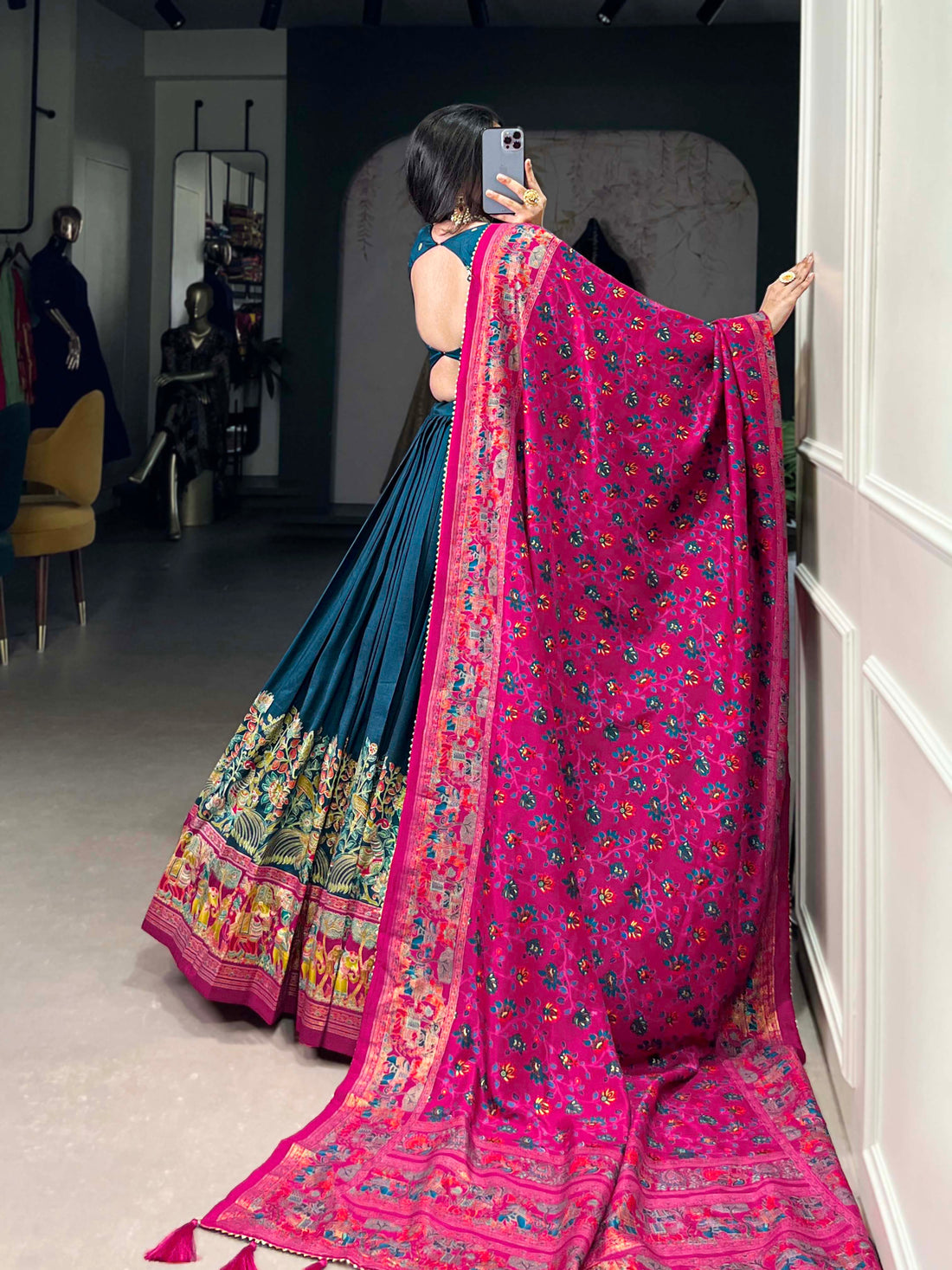 Exquisite Floral Fantasy: Tusser Silk Lehenga Choli with Intricate Print and Dupatta