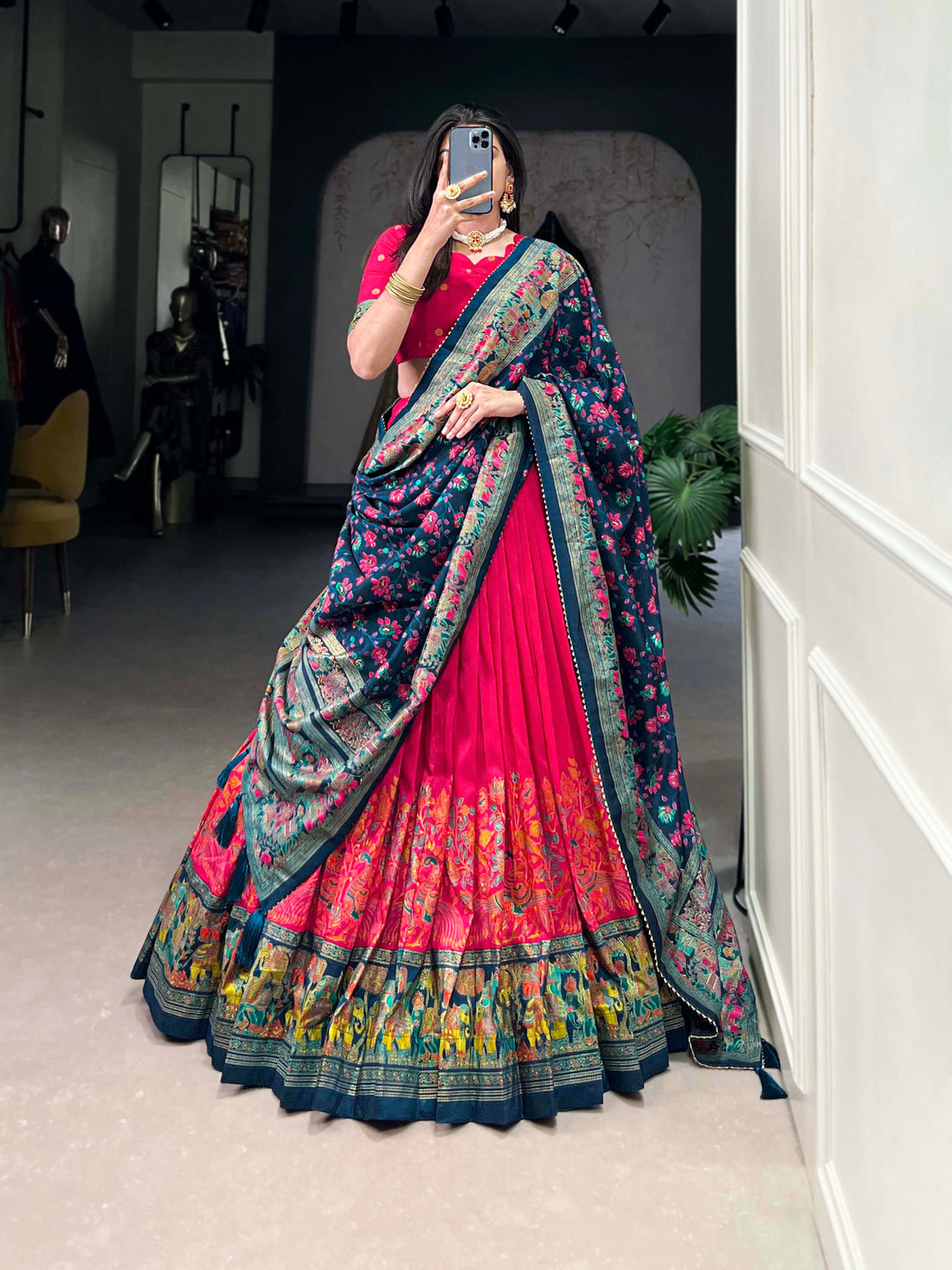 Exquisite Floral Fantasy: Tusser Silk Lehenga Choli with Intricate Print and Dupatta
