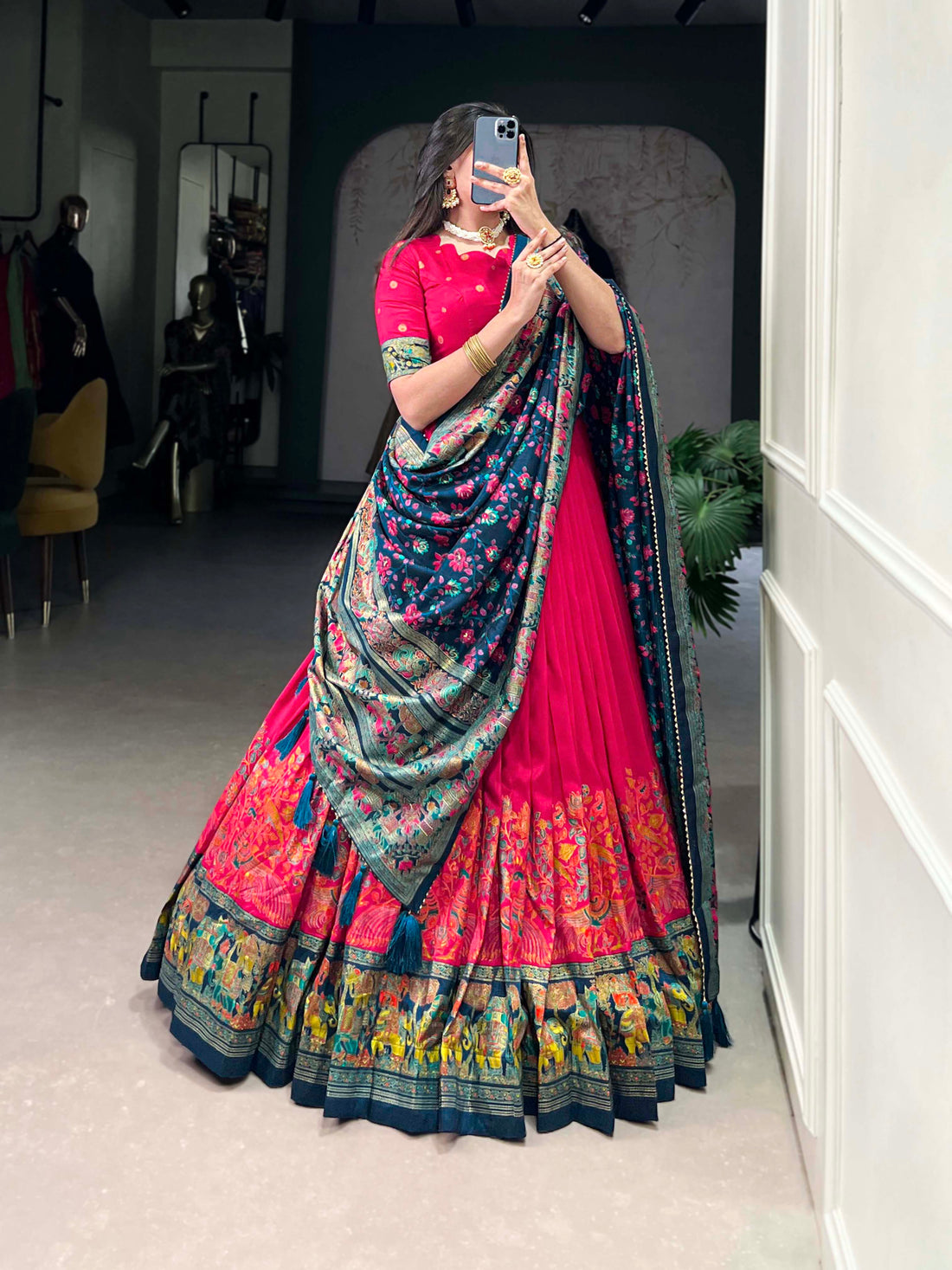Exquisite Floral Fantasy: Tusser Silk Lehenga Choli with Intricate Print and Dupatta