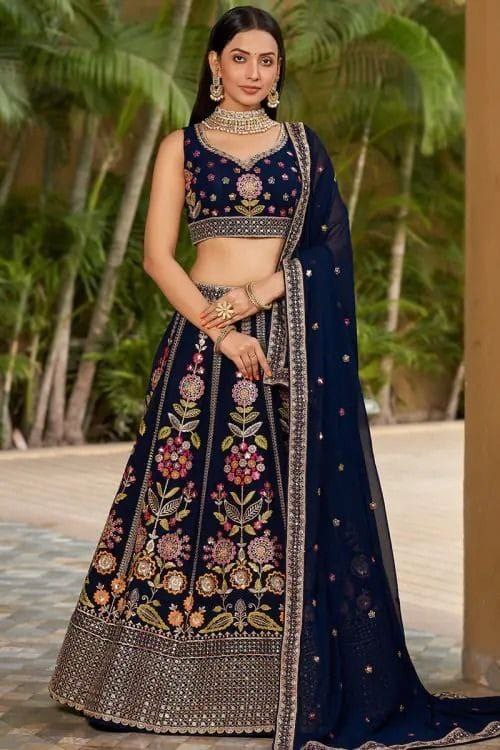Navy Blue Floral Embroidered Lehenga with Dupatta