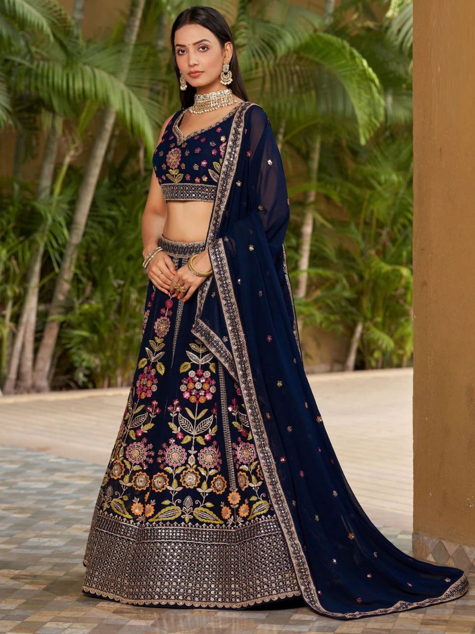 Navy Blue Floral Embroidered Lehenga with Dupatta