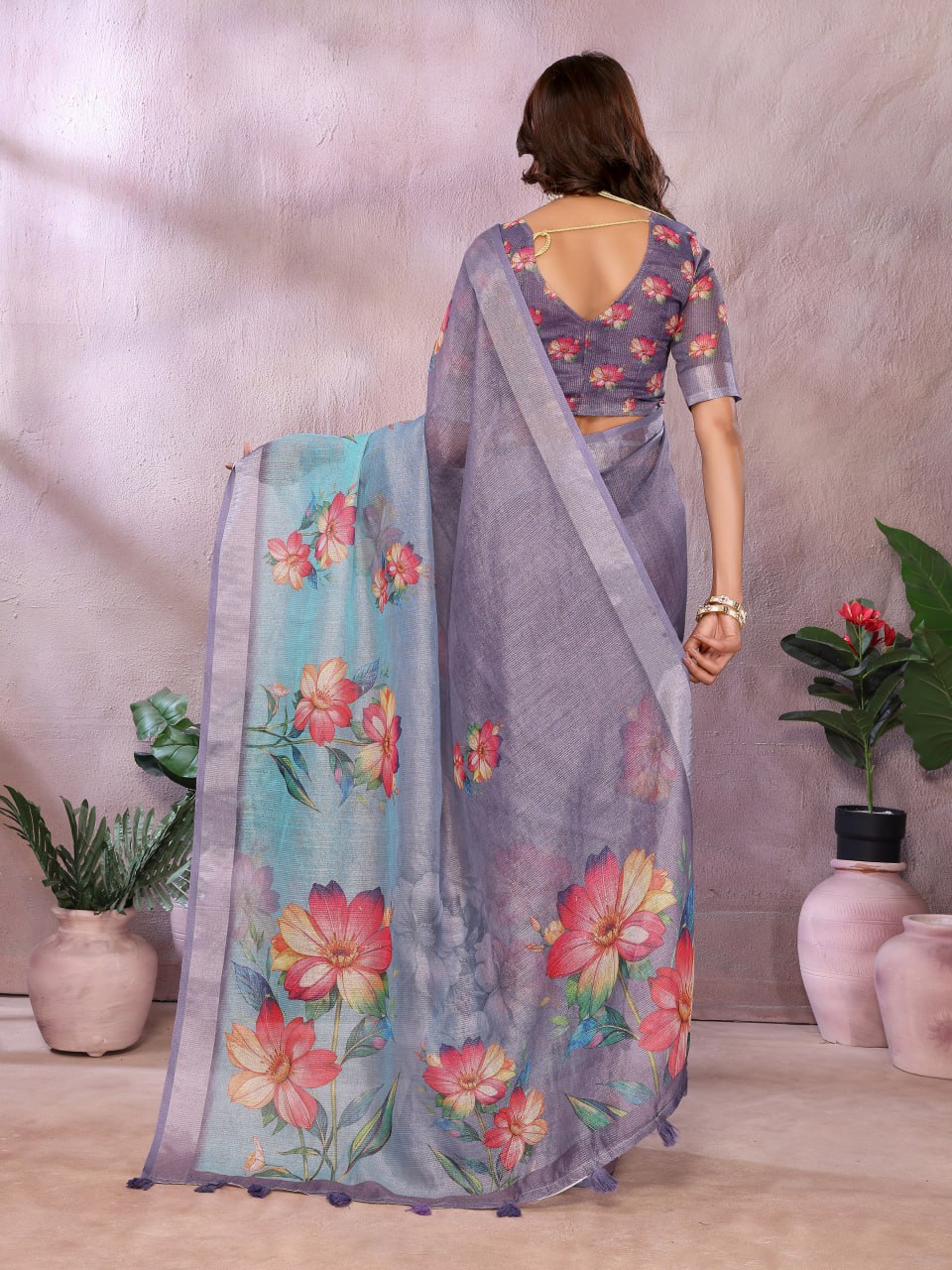 Aqua Blue Floral Printed Saree