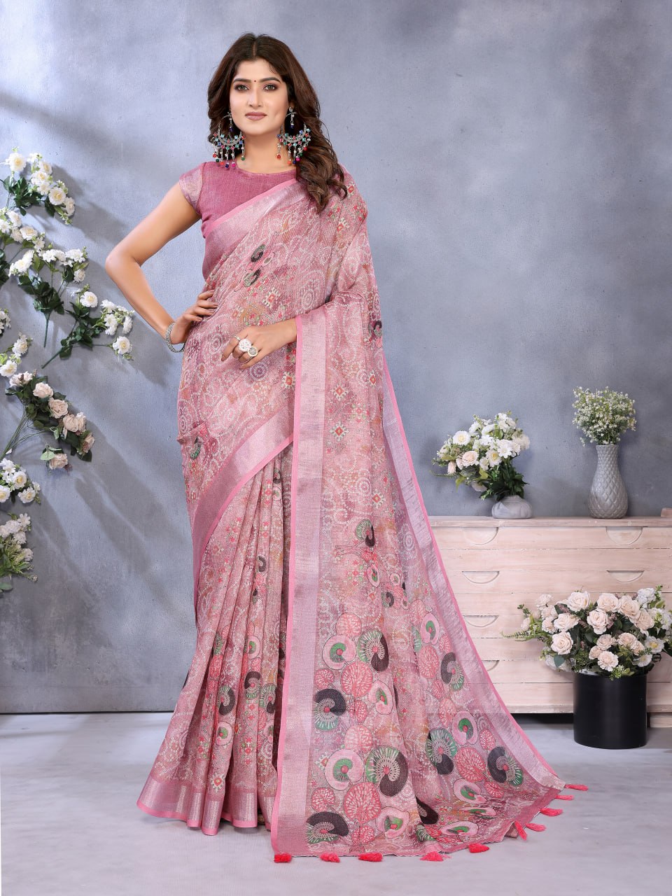 Rose Pink Ethnic Printed Saree