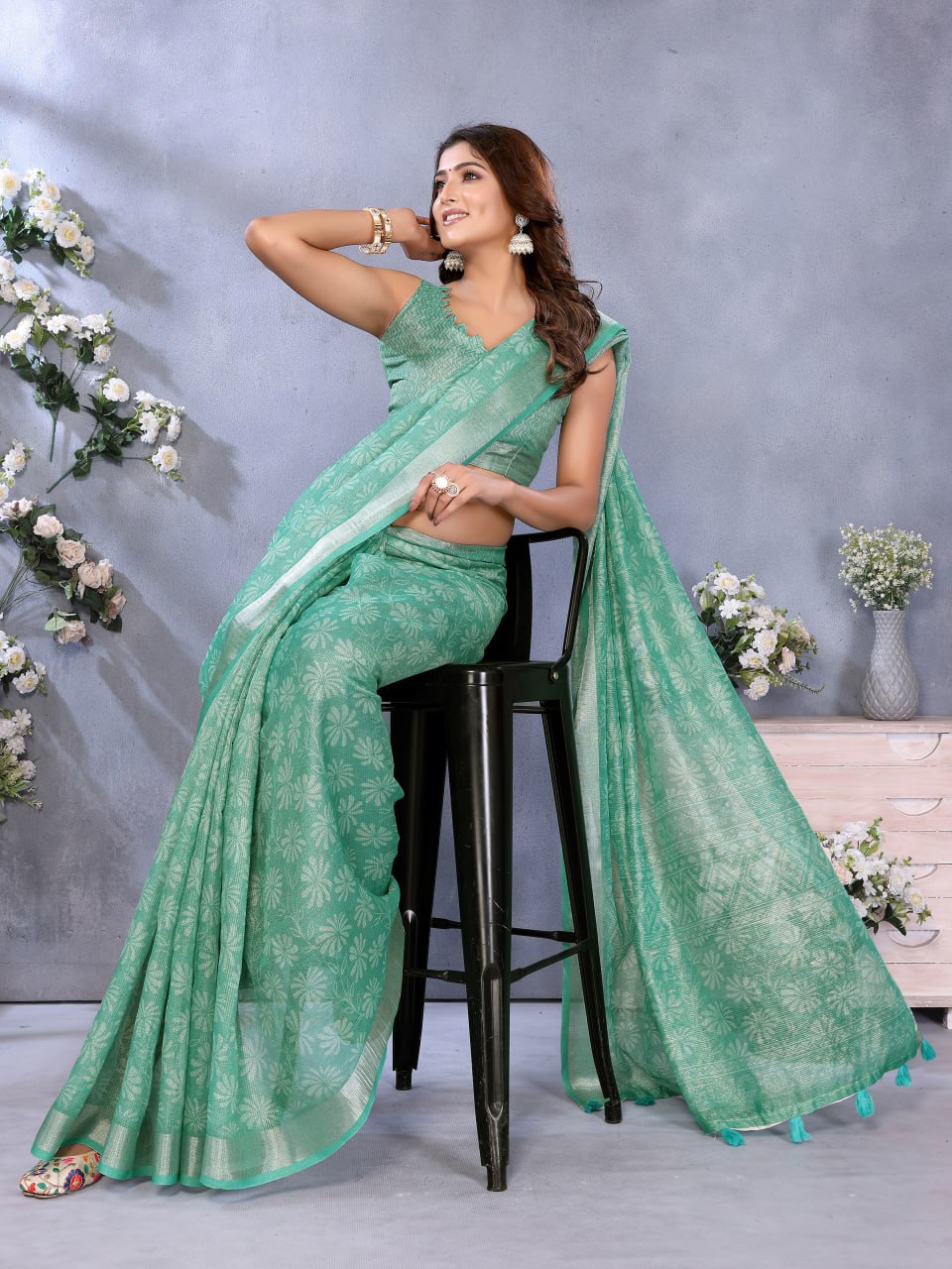 Sea Green Woven Pattern Saree