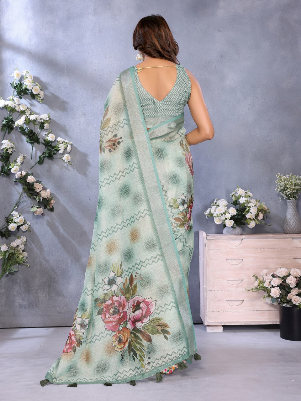 Mint Green Floral Printed Saree