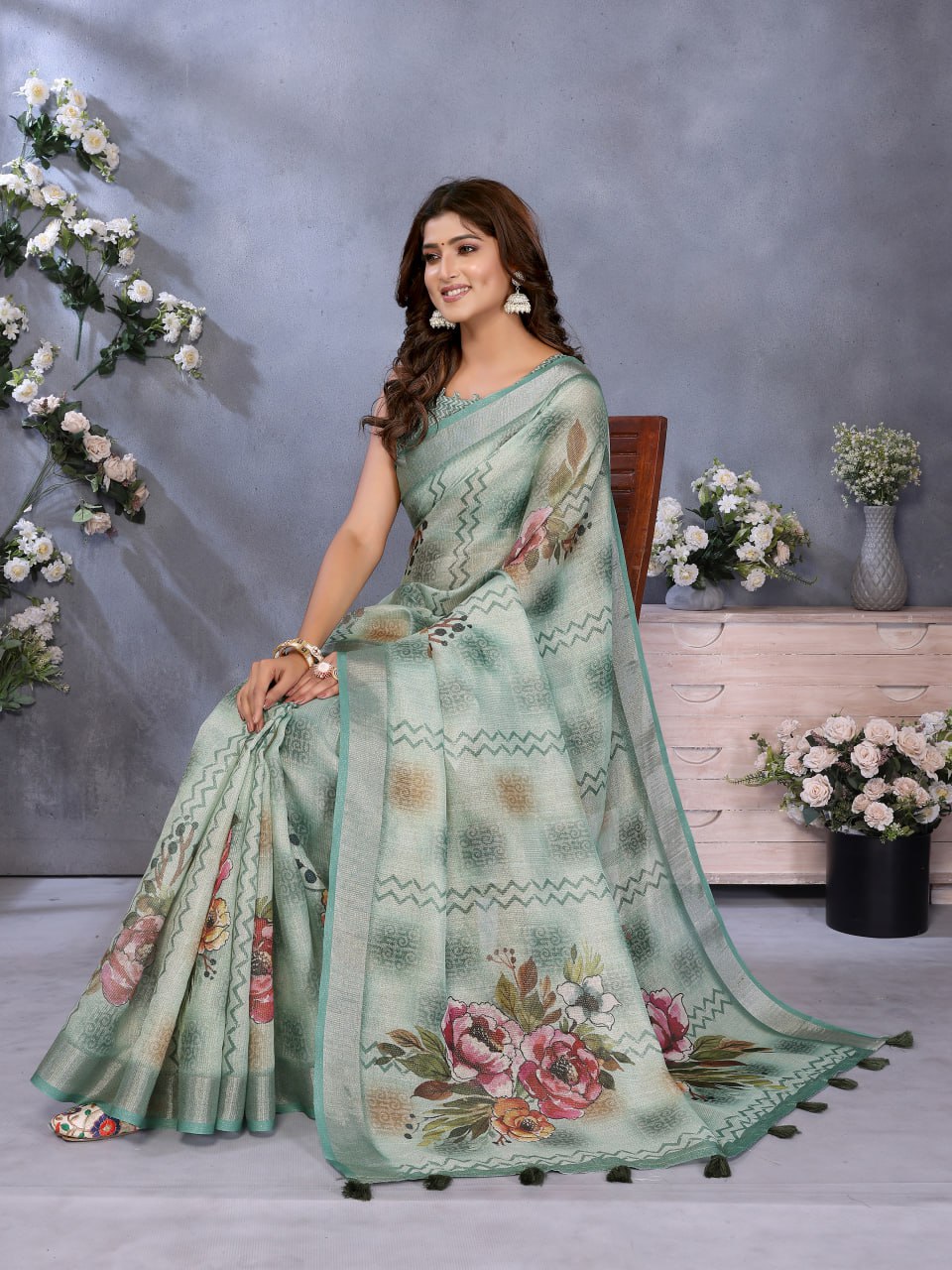 Mint Green Floral Printed Saree