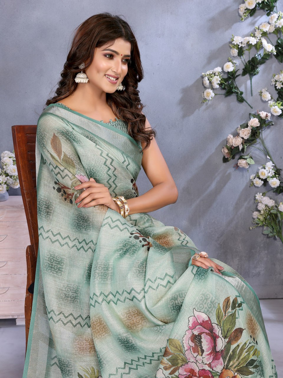Mint Green Floral Printed Saree
