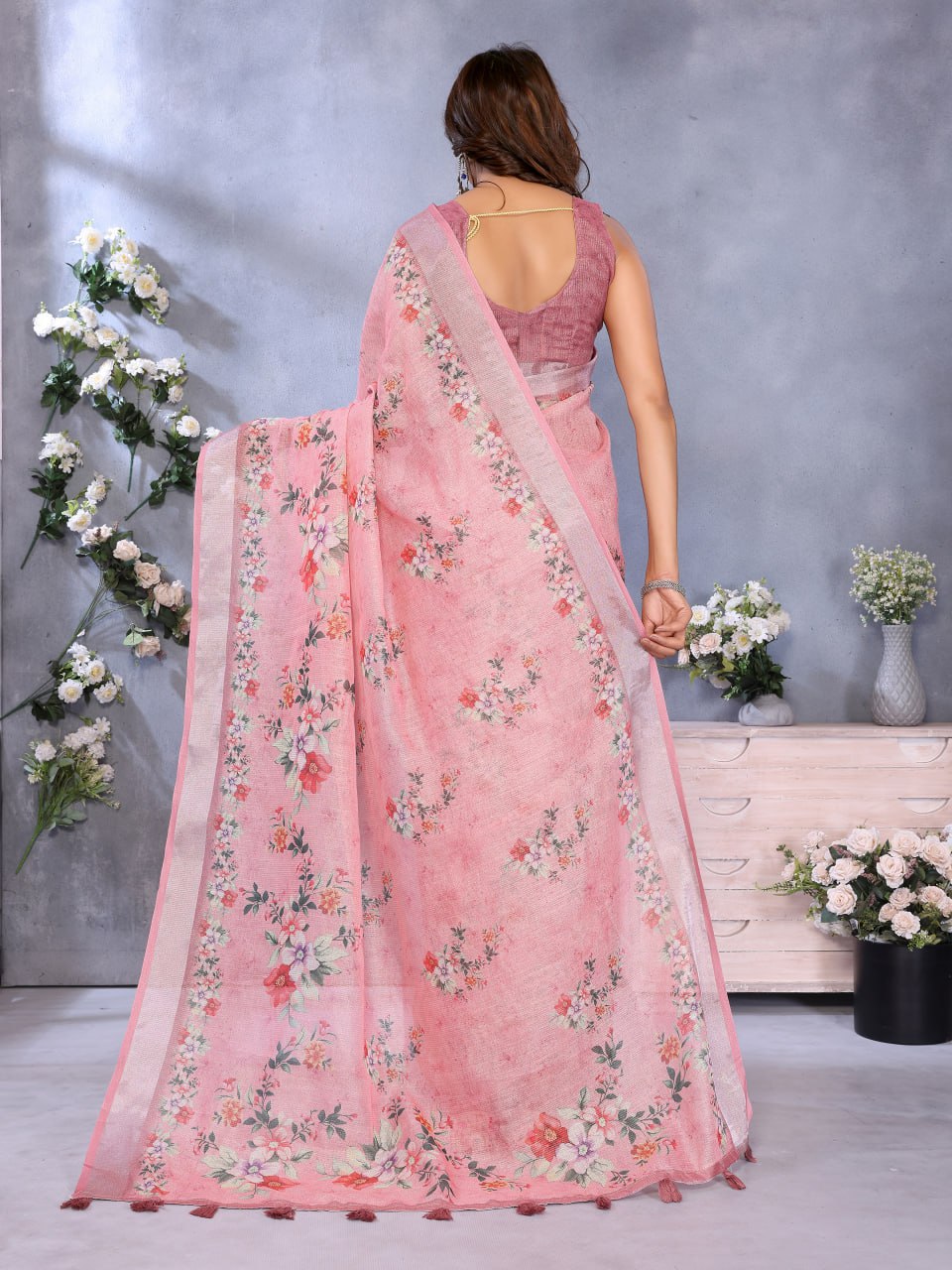 Pink Floral Print Linen Shimmer Saree