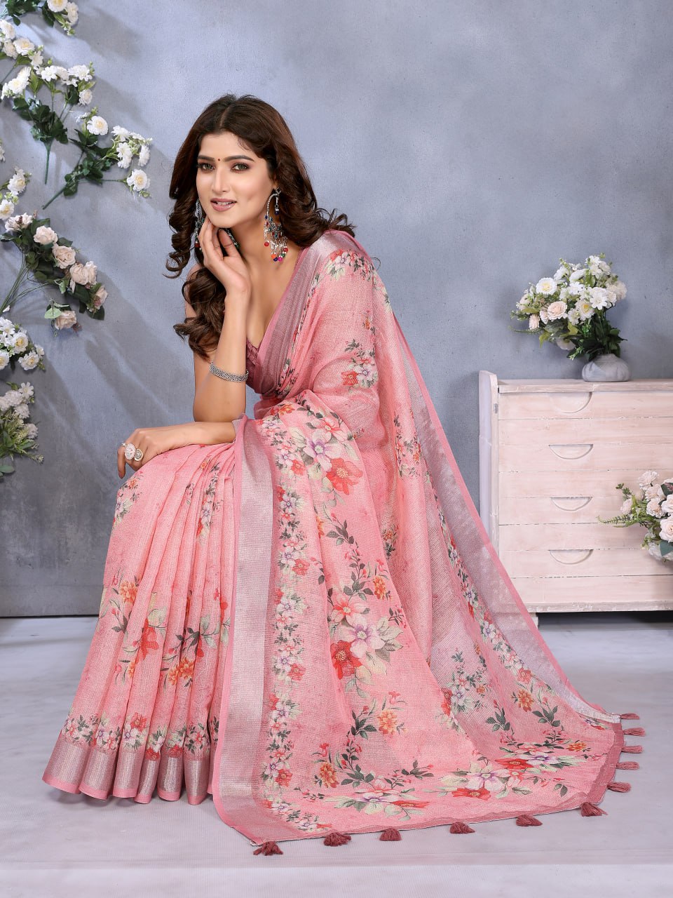 Pink Floral Print Linen Shimmer Saree