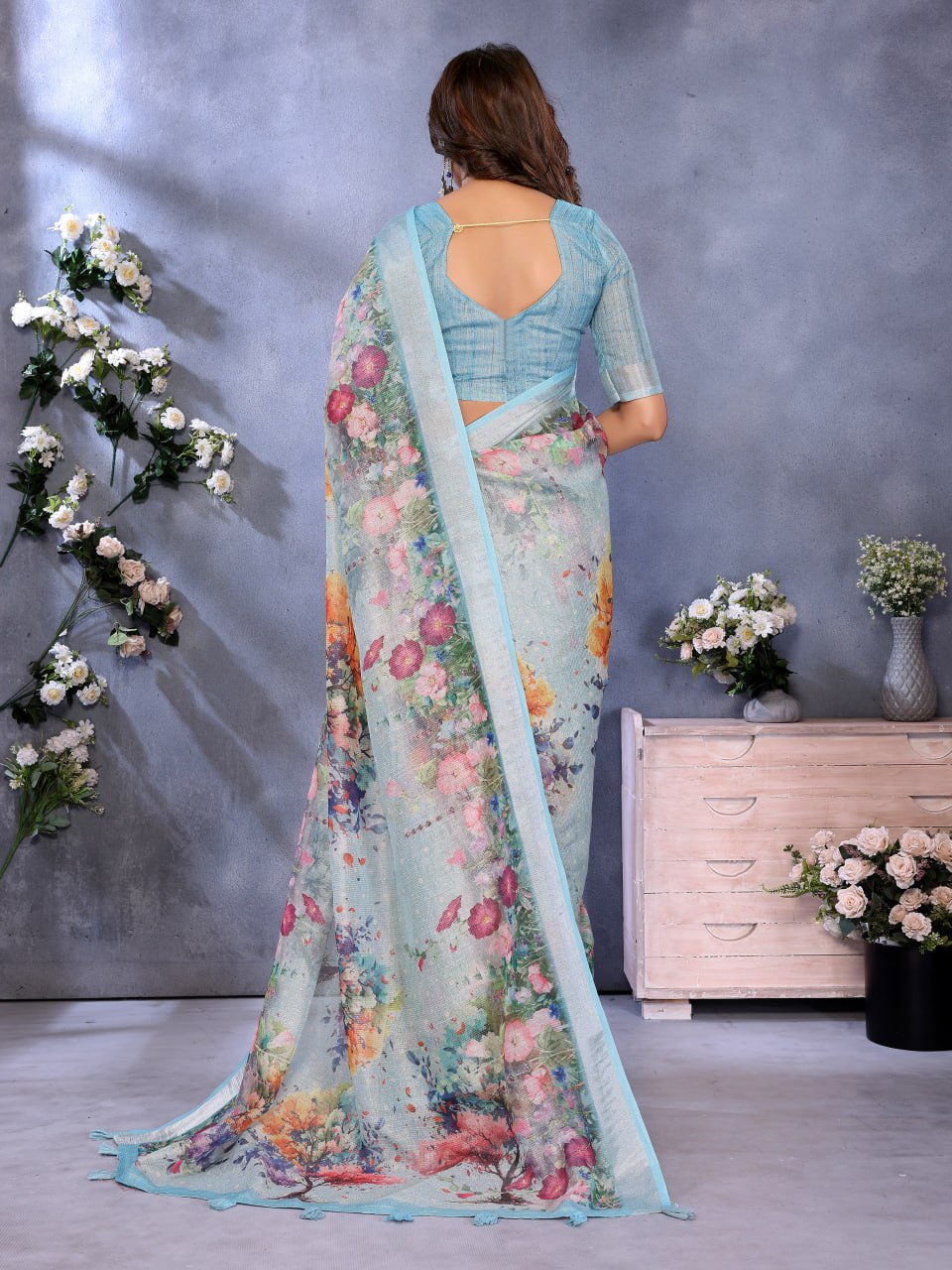 Sky Blue Multicolor Floral Print Linen Shimmer Saree