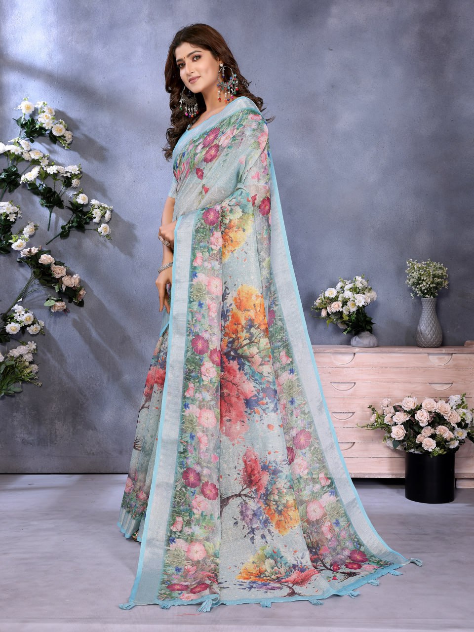 Sky Blue Multicolor Floral Print Linen Shimmer Saree