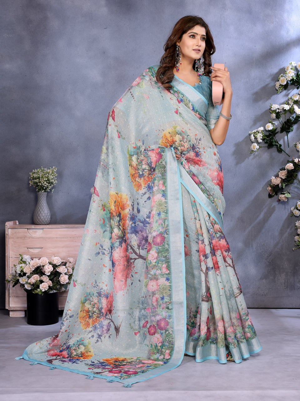 Sky Blue Multicolor Floral Print Linen Shimmer Saree