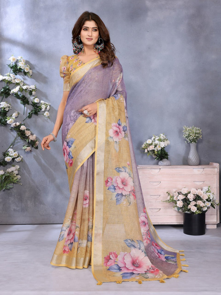 Sky Blue Multicolor Floral Print Linen Shimmer Saree