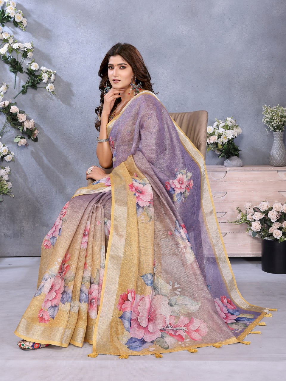 Sky Blue Multicolor Floral Print Linen Shimmer Saree