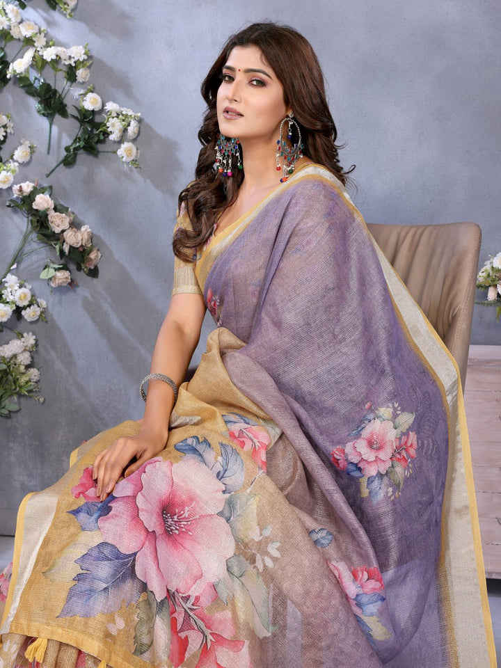 Sky Blue Multicolor Floral Print Linen Shimmer Saree