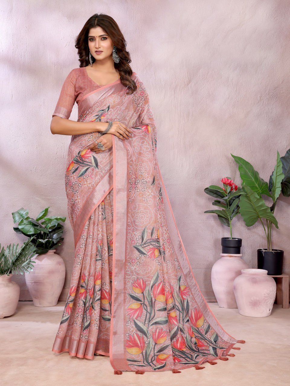 Peach Floral Print Linen Shimmer Saree