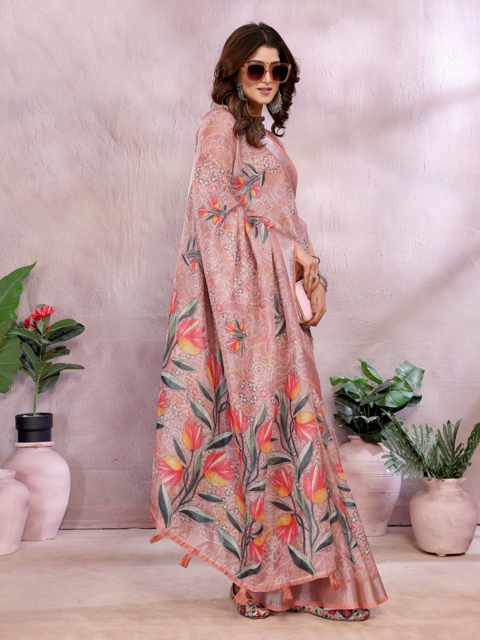 Peach Floral Print Linen Shimmer Saree