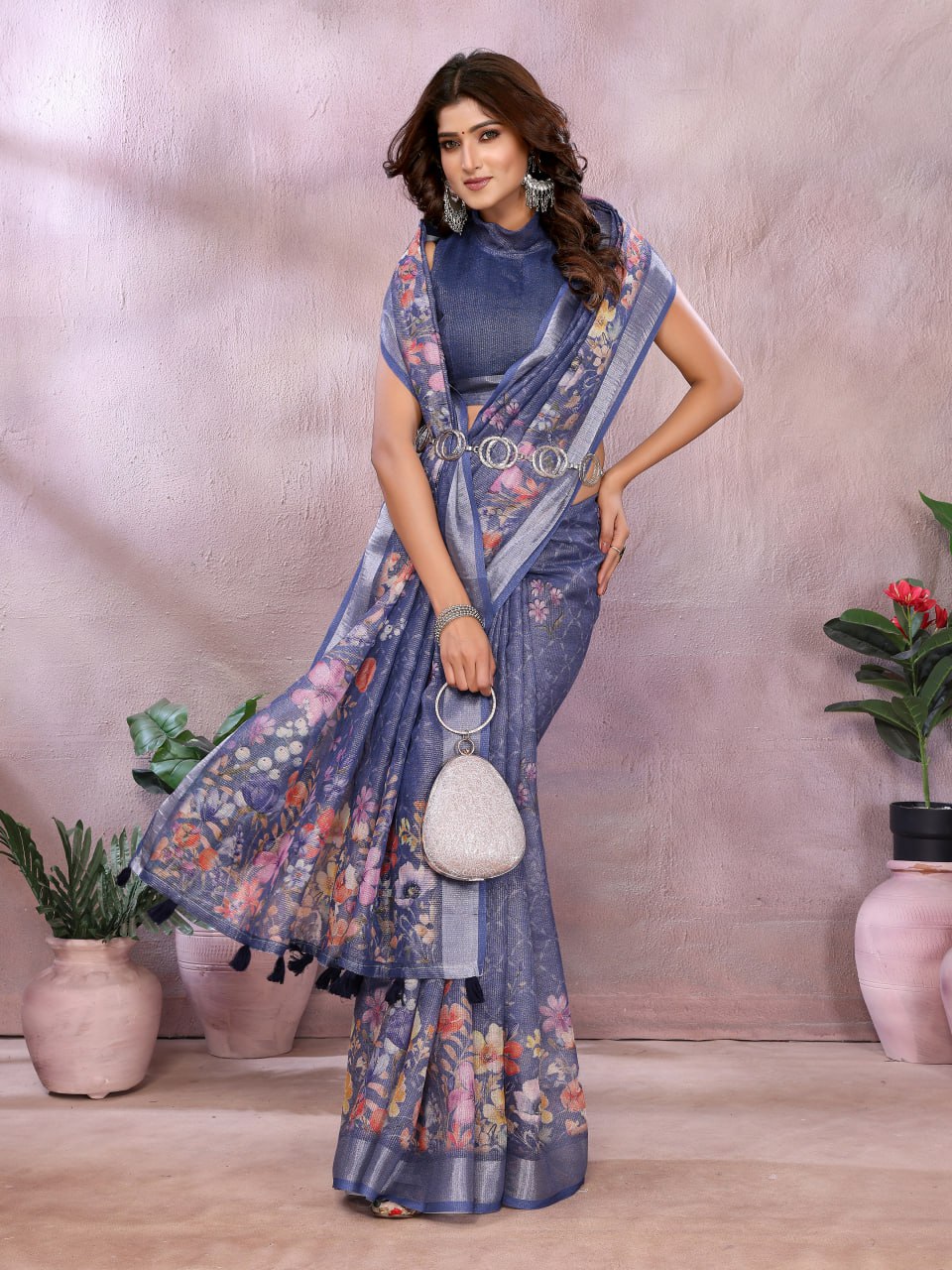 Navy Blue Floral Linen Shimmer Saree