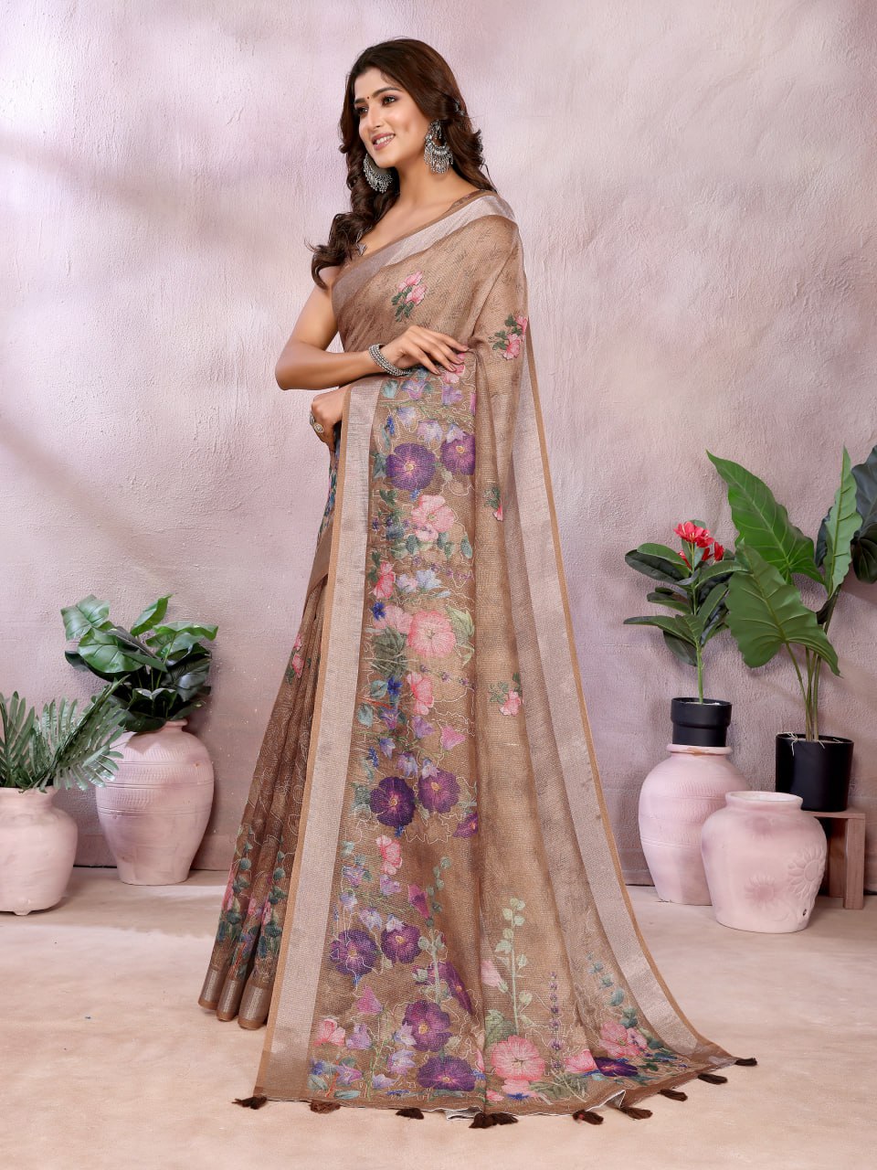 Coffee Brown Floral Linen Shimmer Saree