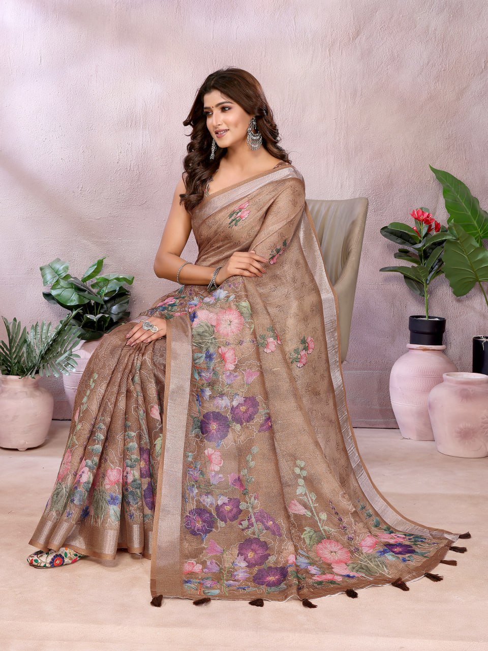 Coffee Brown Floral Linen Shimmer Saree