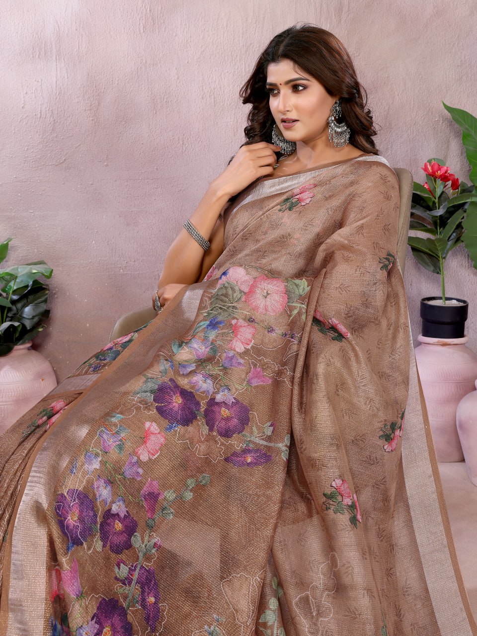 Coffee Brown Floral Linen Shimmer Saree