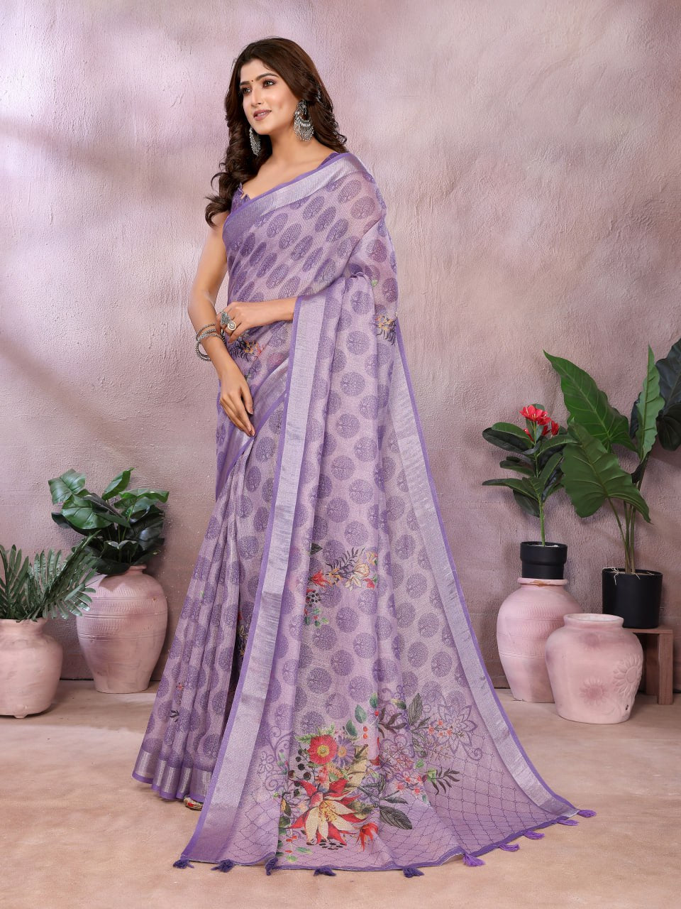 Lavender Floral Linen Shimmer Saree