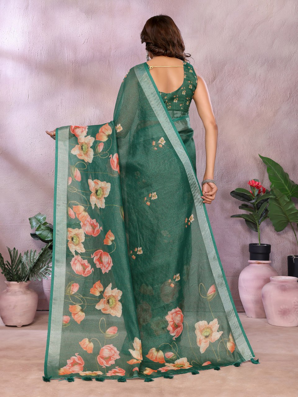Green Floral Linen Shimmer Saree