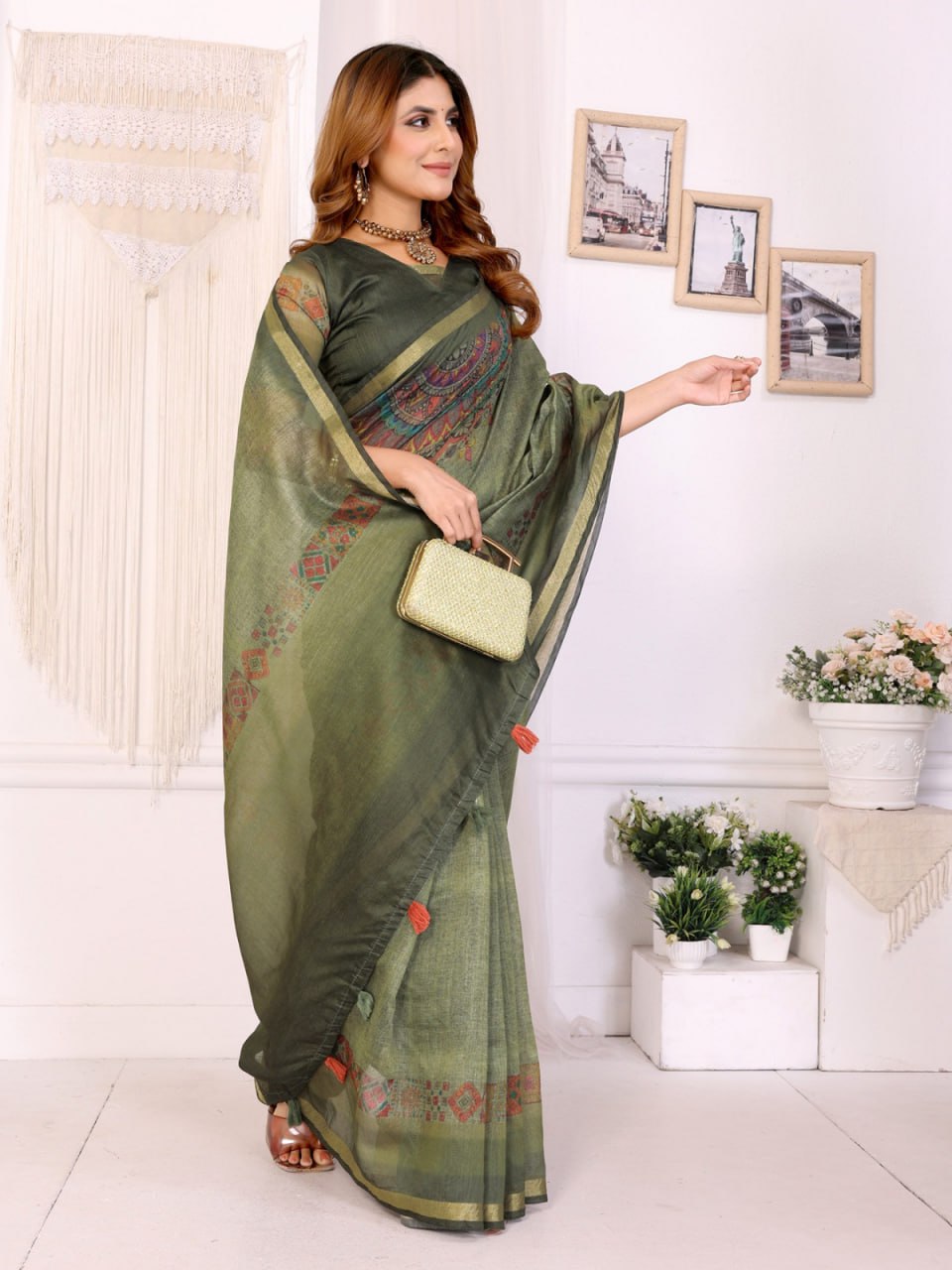 Olive Green Chanderi Saree with Woven Design