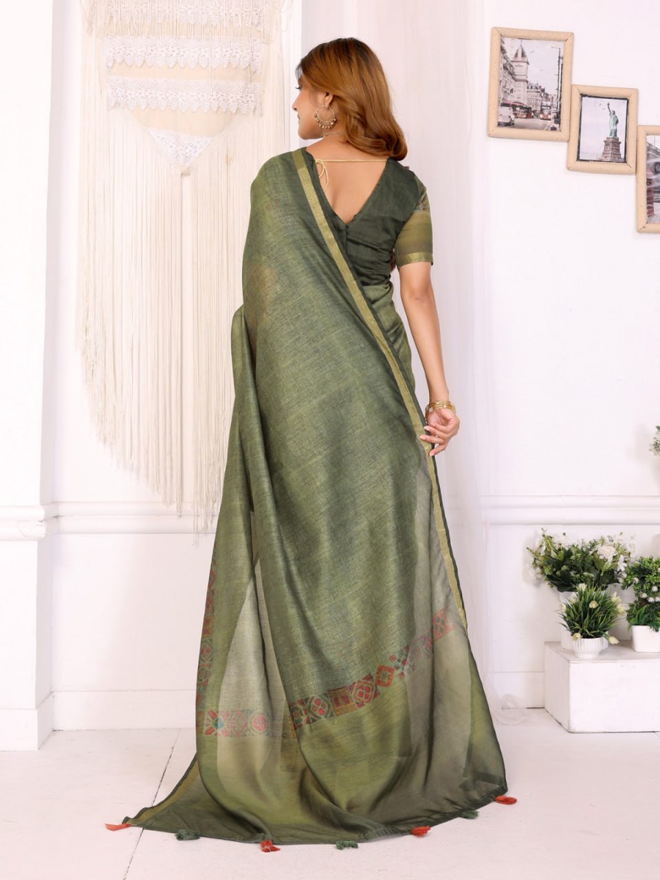 Olive Green Chanderi Saree with Woven Design