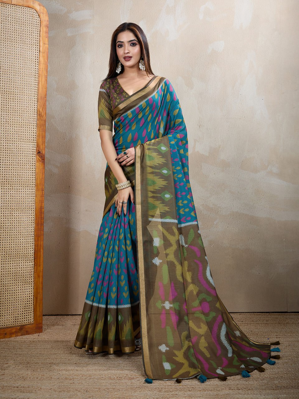 Teal Blue & Olive Green Ikat Printed Chanderi Saree