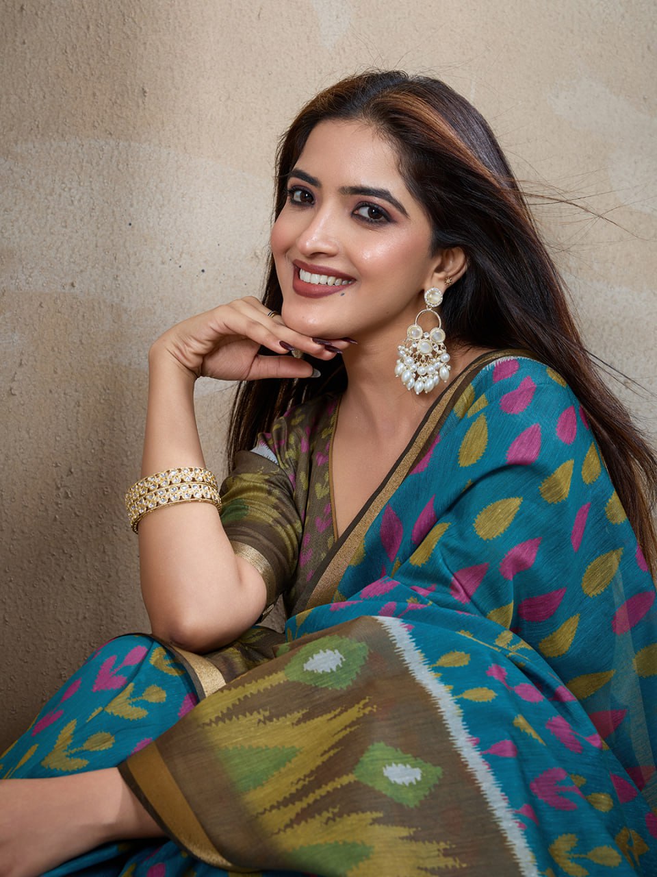 Teal Blue & Olive Green Ikat Printed Chanderi Saree