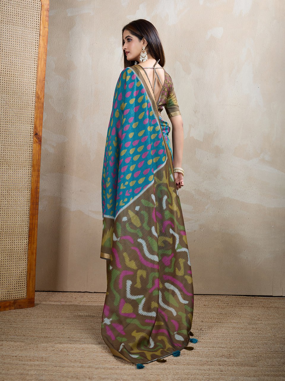 Teal Blue & Olive Green Ikat Printed Chanderi Saree