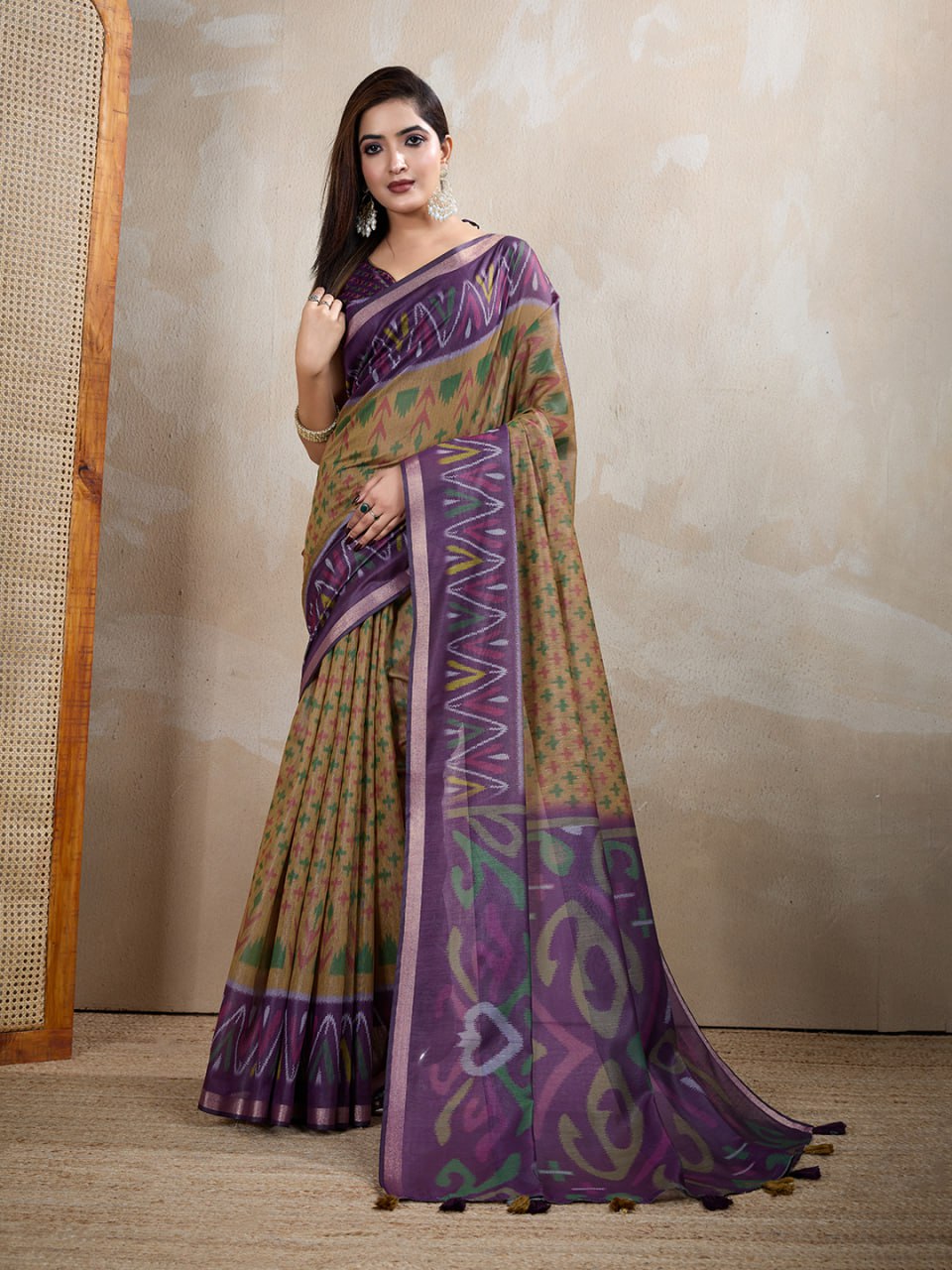 Olive & Purple Ikat Printed Chanderi Saree