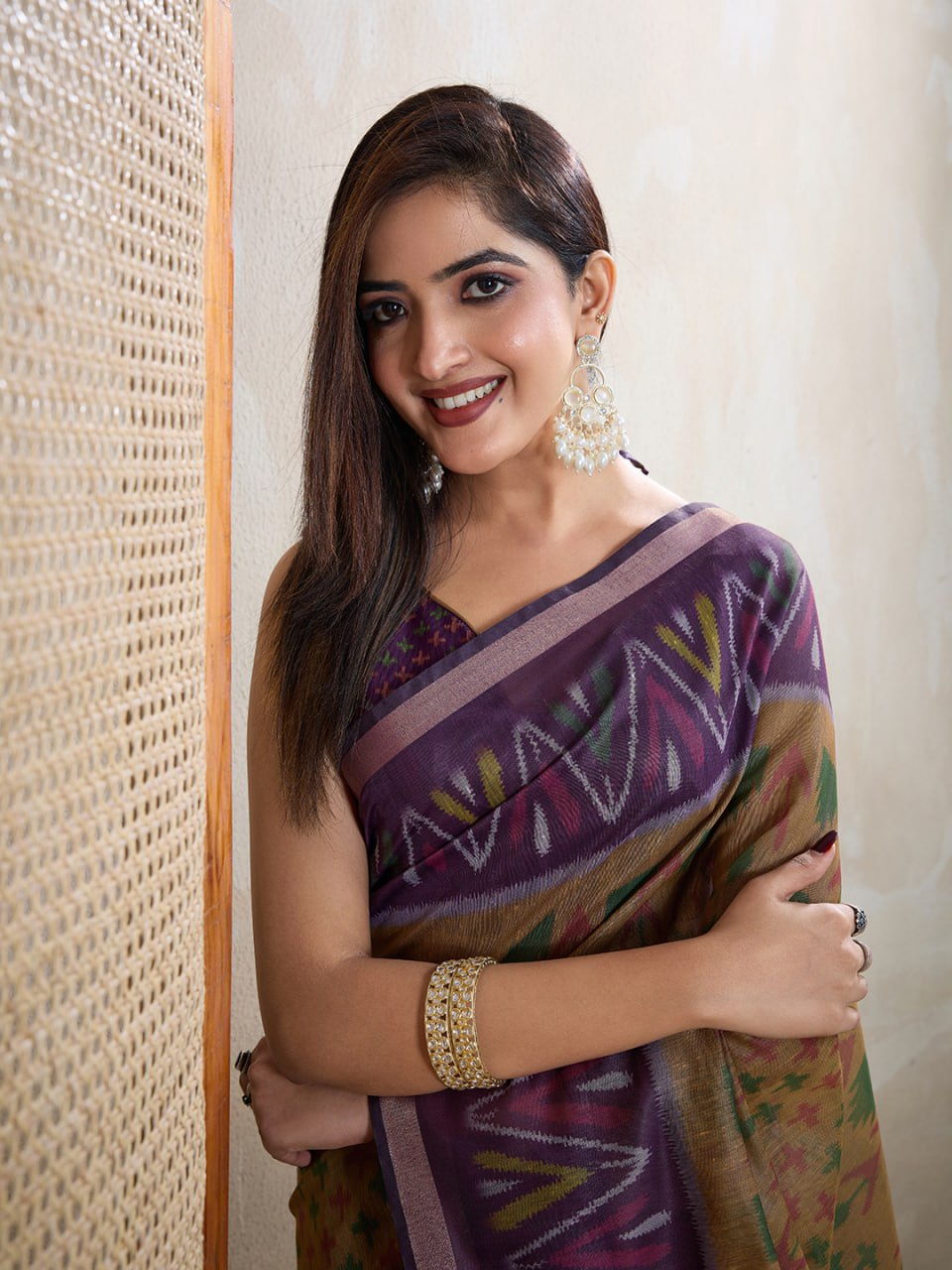Olive & Purple Ikat Printed Chanderi Saree