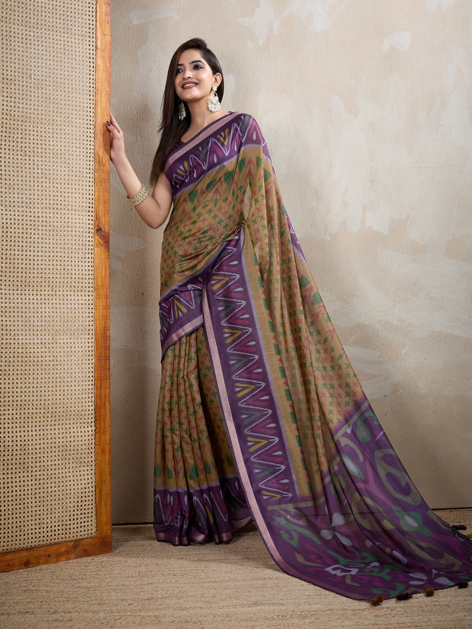 Olive & Purple Ikat Printed Chanderi Saree