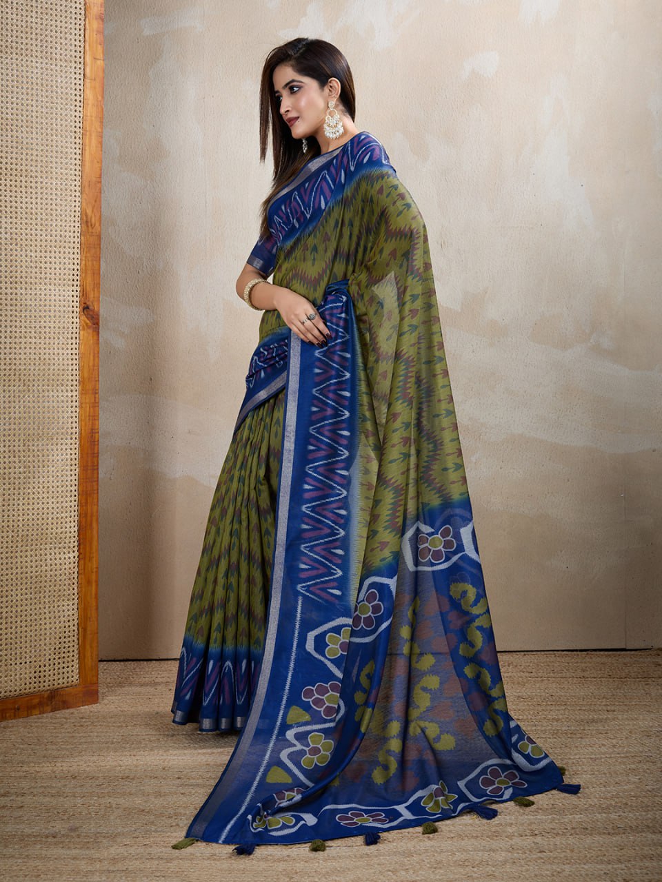 Olive Green & Blue Ikat Printed Chanderi Saree