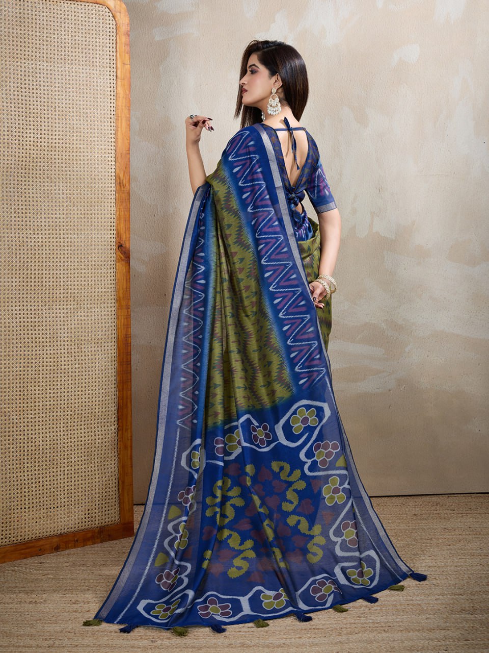 Olive Green & Blue Ikat Printed Chanderi Saree