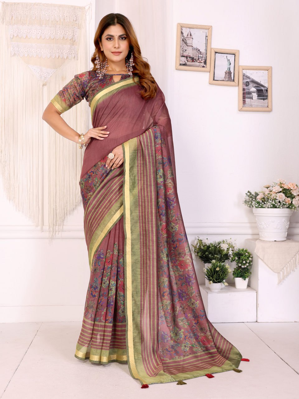 Maroon & Olive Floral Printed Chanderi Saree