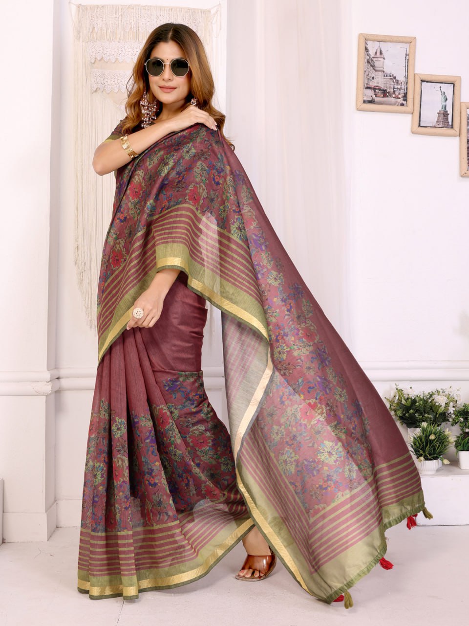 Maroon & Olive Floral Printed Chanderi Saree