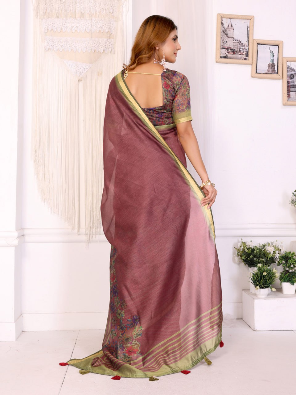 Maroon & Olive Floral Printed Chanderi Saree
