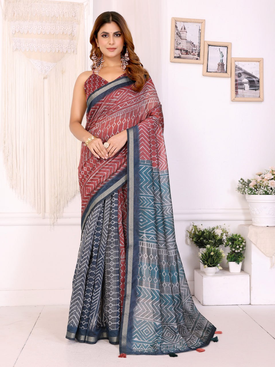 Multicolor Geometric Printed Chanderi Saree