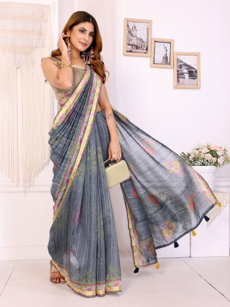 Grey Floral Printed Chanderi Saree