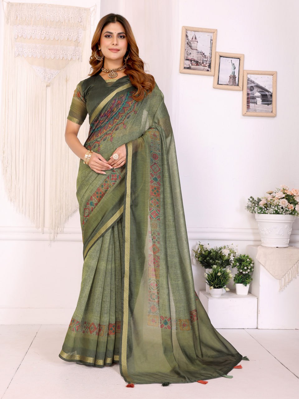 Olive Green Chanderi Saree with Traditional Geometric Border
