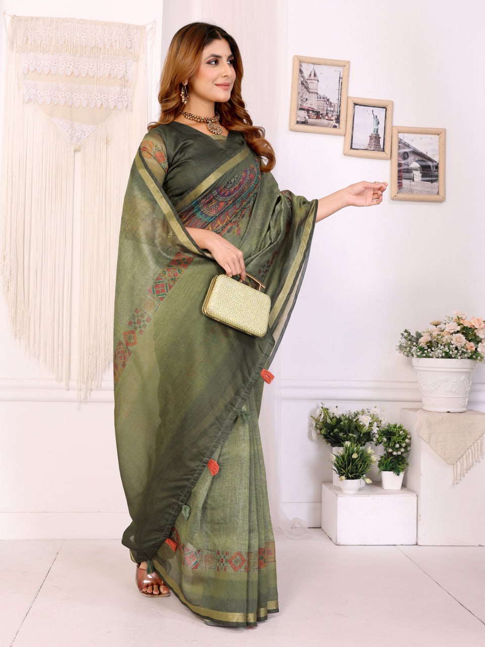 Olive Green Chanderi Saree with Traditional Geometric Border